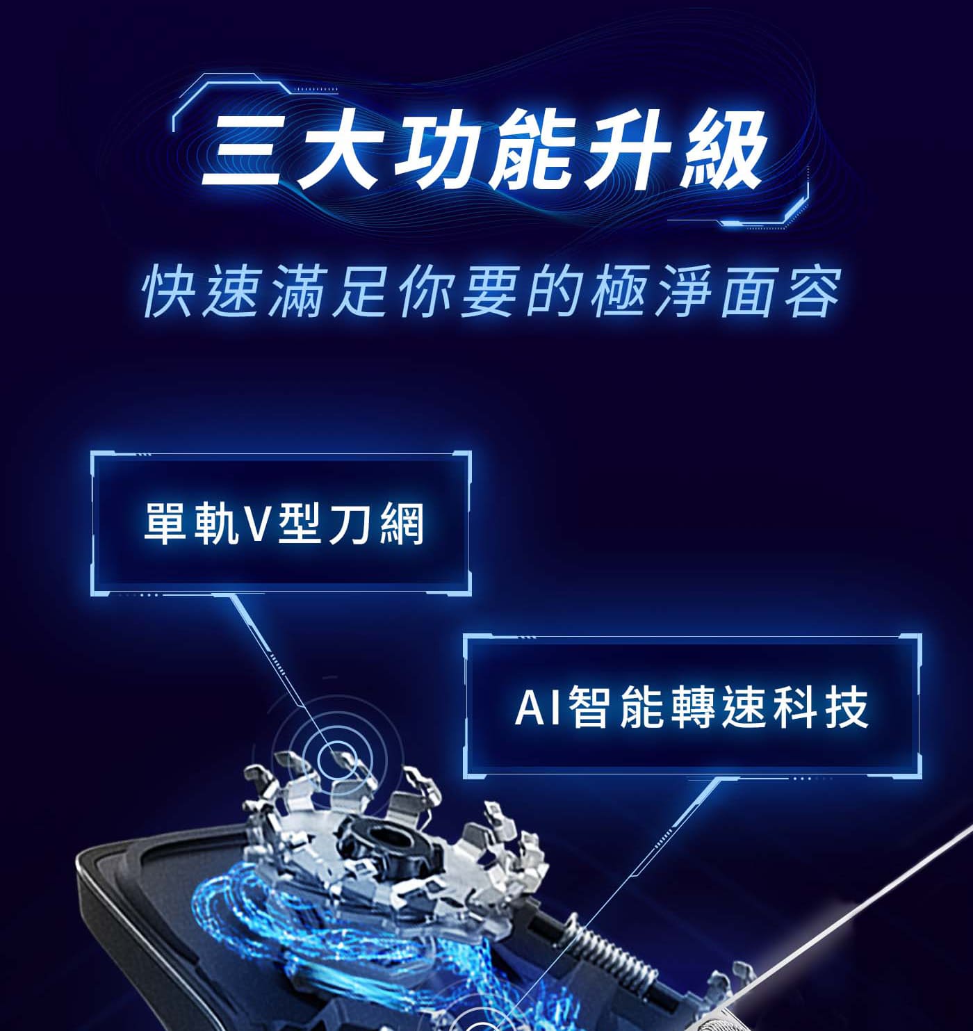 飛利浦AI智能5000系列乾濕兩用三刀頭電鬍刀S5585/20，電動刮鬍刀配備先進的 SkinIQ 技術，可感測您的毛髮密度並加以調整，讓肌膚倍感舒適。