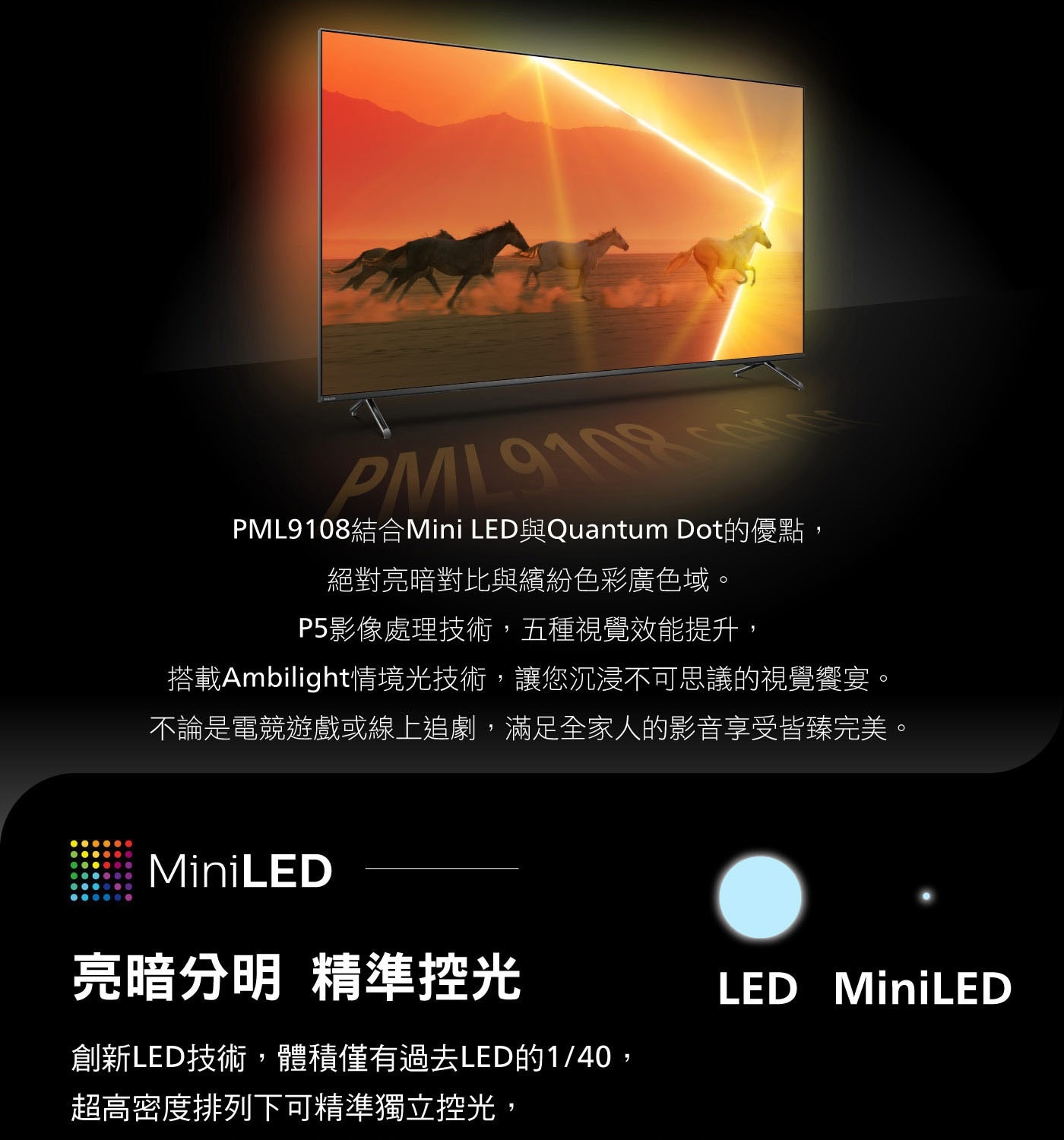 Philips MiniLED Google TV 顯示器，MINI LED +Quantum Dot 色彩技術 ，廣色域 98% DCI 120Hz面板，Google TV 個人化的連網娛樂系統+聲控語音，三邊流光溢彩身臨其境娛樂。