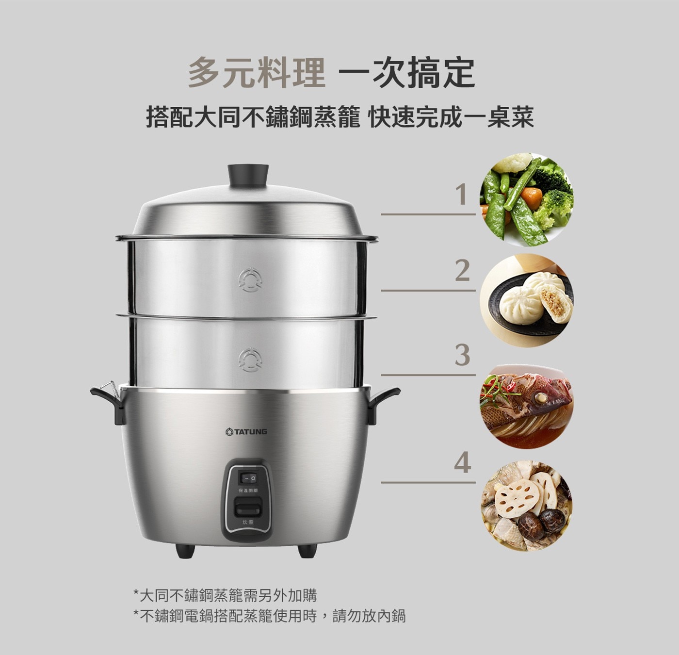 大同 全不鏽鋼電鍋 TAC-11C-M 雙重被覆電源線，安全保護，獨立保溫開關，輕鬆自由切換，蒸煮滷燉一鍋料理，一鍵操作免顧爐火。