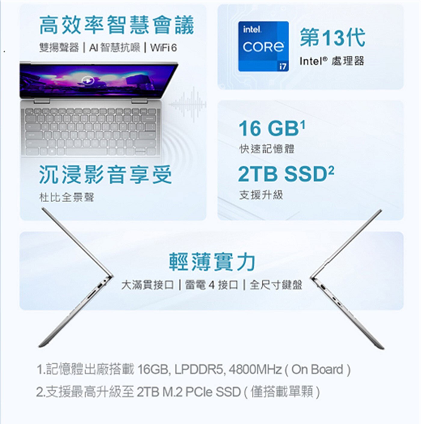 戴爾 Inspiron 14吋 筆記型電腦，2in1 隨你而變，一觸發現新精彩，銀河星跡，16:10 觸控螢幕，杜比全景聲。