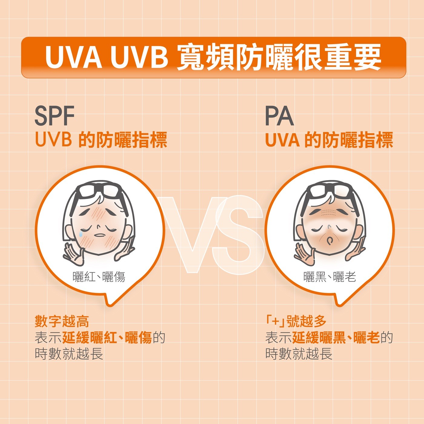 UVA UVB 寬頻防曬很重要 SPF PA UVB的防曬指標 的防曬指標 曬紅、曬傷 VS