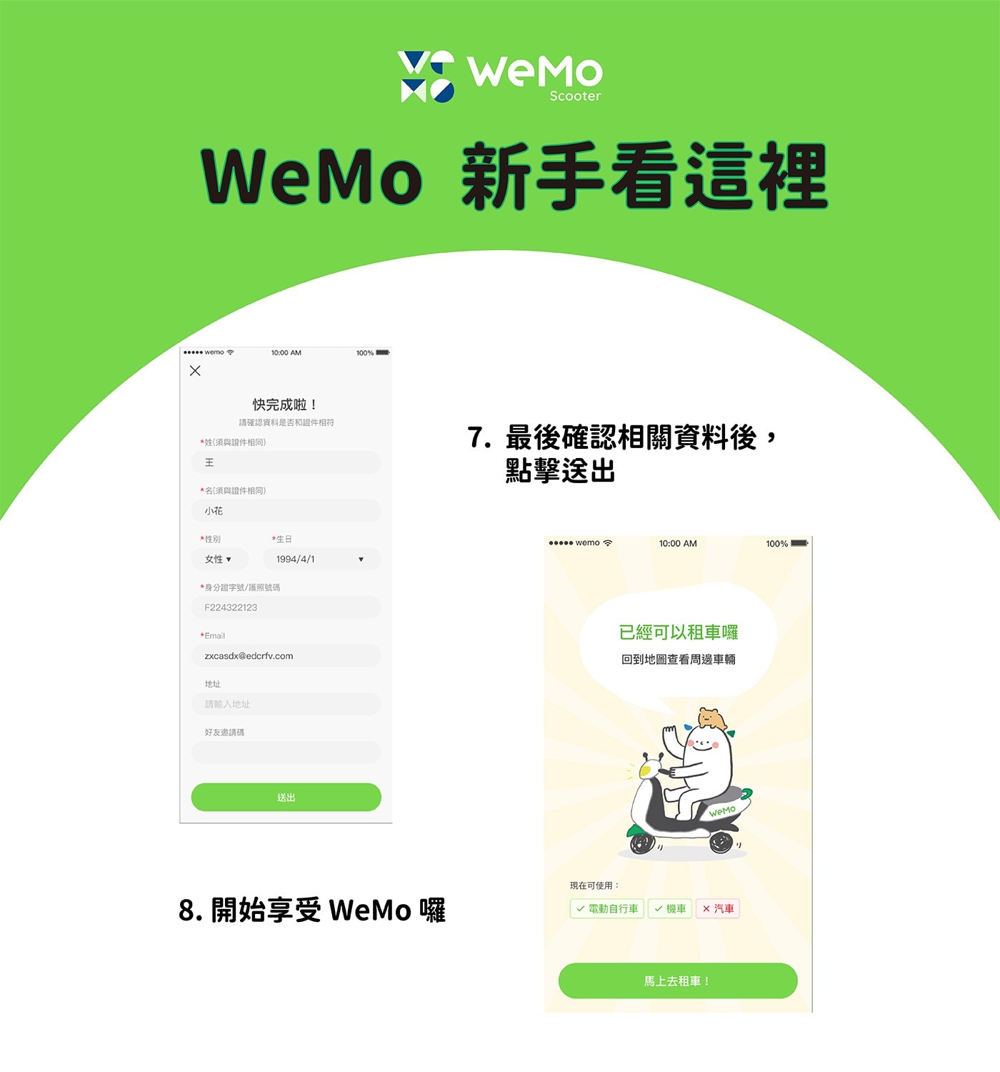 WEMO Scooter，亞洲第一個智慧電動機車即時租借服務，結合「智慧 App 操作功能」、「無特定站點 24 小時即時租借」及「環保綠能電動機車」。