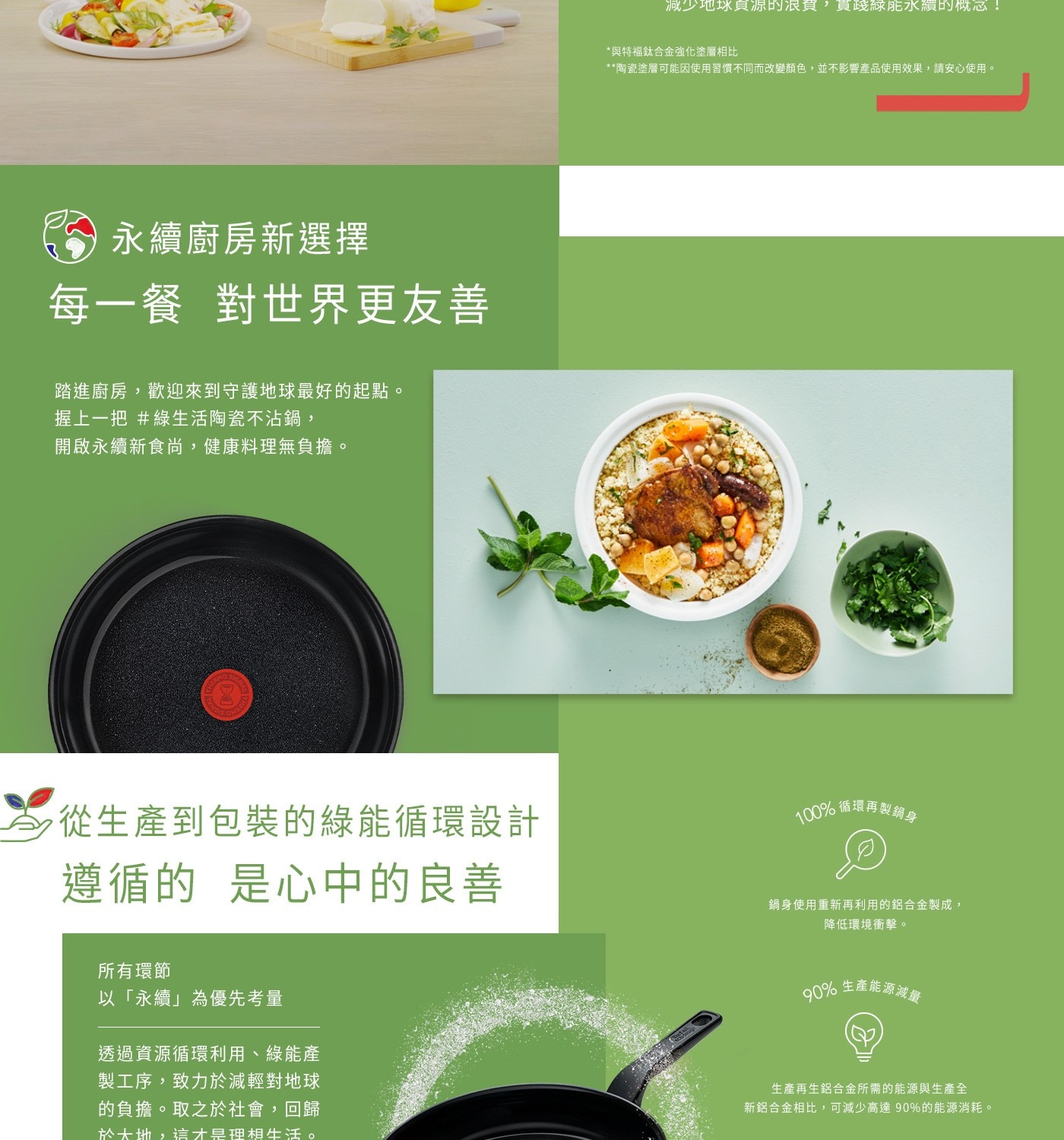 Tefal 法國特福綠生活不沾陶瓷鍋具三件組100%再生鋁合金鍋身，減少90%能源消耗，100%極簡包材，開啟永續新食尚，未來陶瓷不沾科技，超光滑、硬度高。