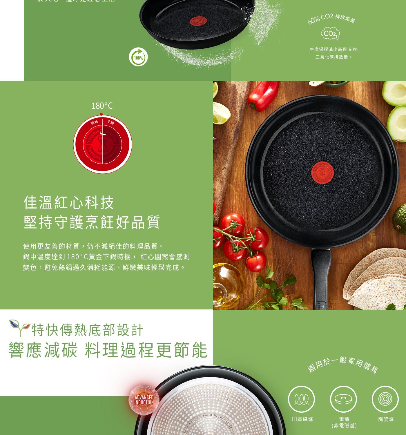 Tefal 法國特福綠生活不沾陶瓷鍋具三件組100%再生鋁合金鍋身，減少90%能源消耗，100%極簡包材，開啟永續新食尚，未來陶瓷不沾科技，超光滑、硬度高。