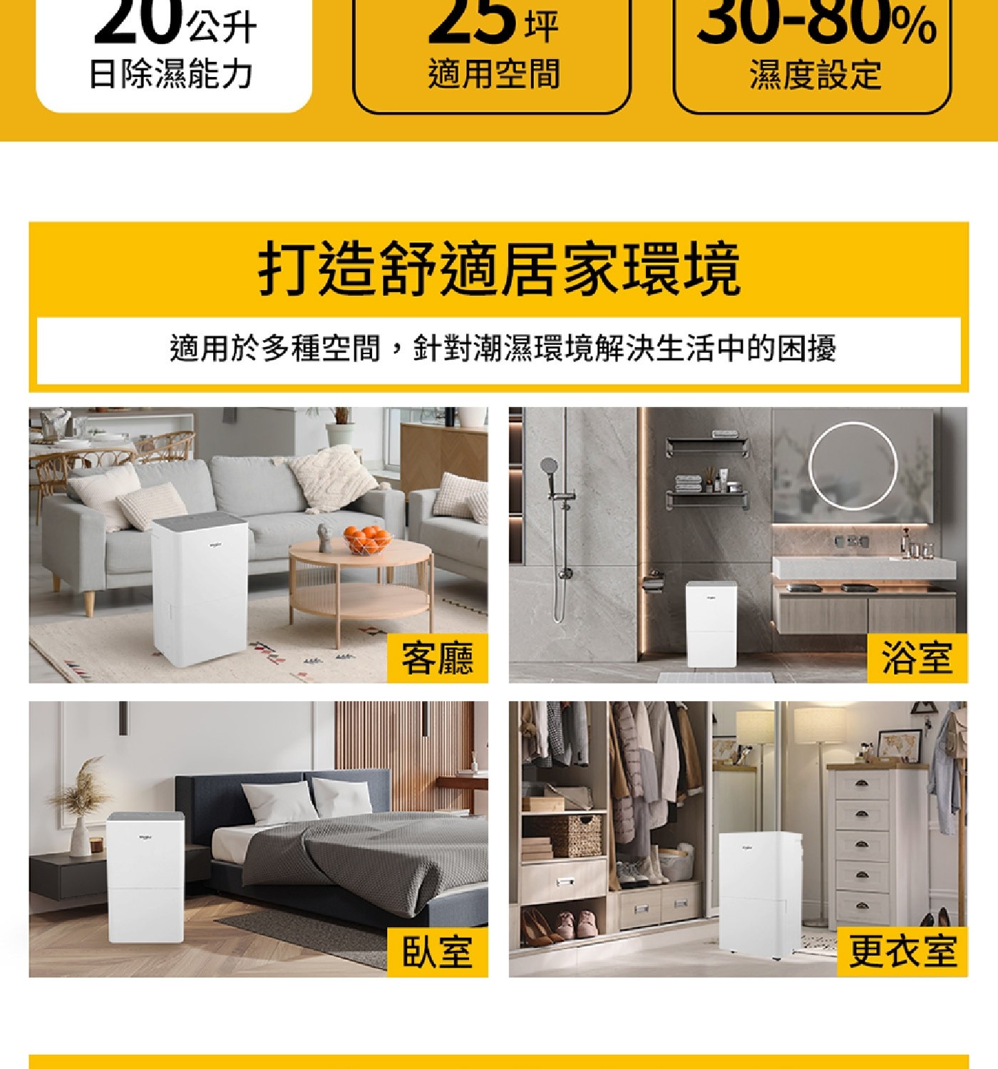 20公升 25 坪 30-80 日除濕能力 適用空間 濕度設定 打造舒適居家環境 適用於多種空間,針對潮濕環境解決生活中的困擾 FFLL 客廳 浴室 臥室 更衣室
