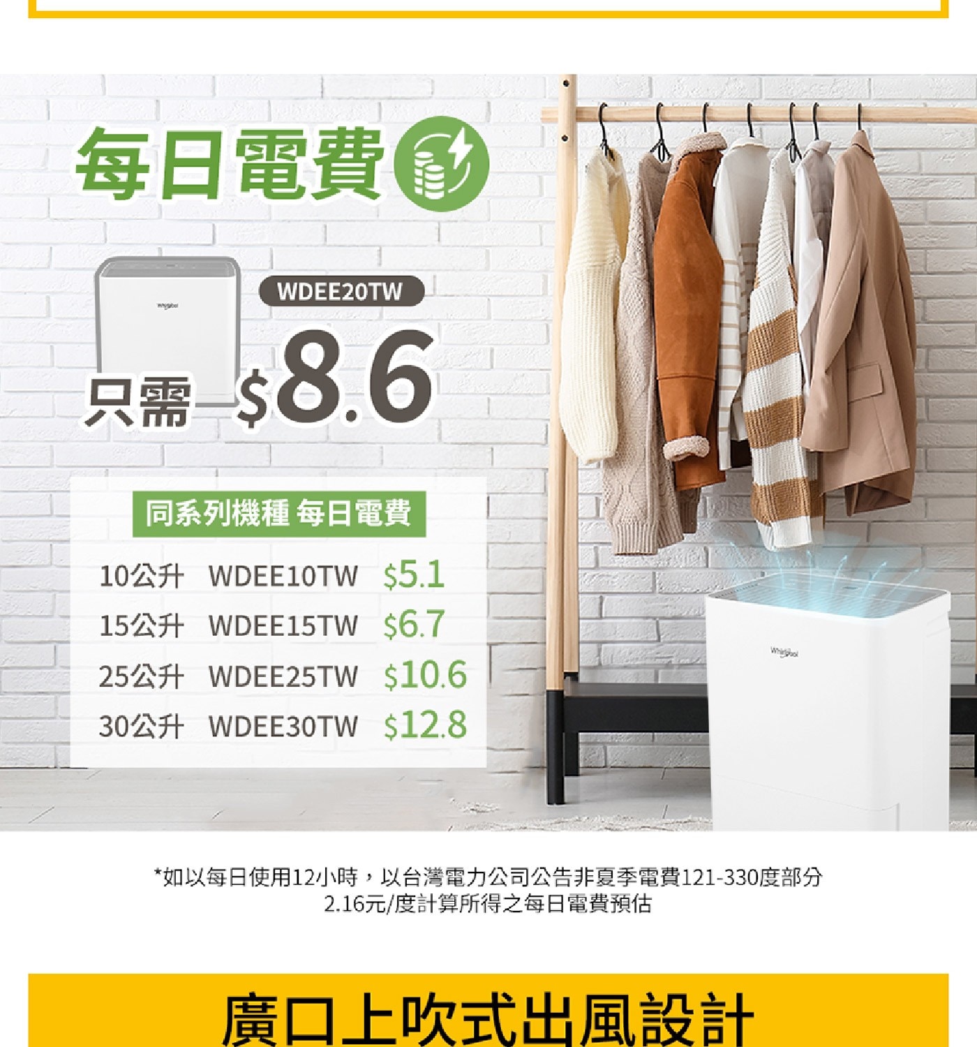 每日電費 WDEE20TW 只需 8.6 同系列機種 10公升 WD...如以每日使用12小時,以台灣電力公司公告非夏季電費121-330度部分 2.16元/度計算所得之每日電費預估 廣口上吹式出風設計