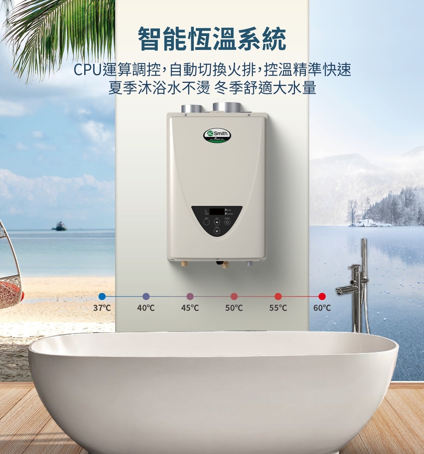 智能恆溫系統 CPU運算調控,自動切換火排,控溫精準快速 夏季沐浴水不燙冬季舒適大水量 AC