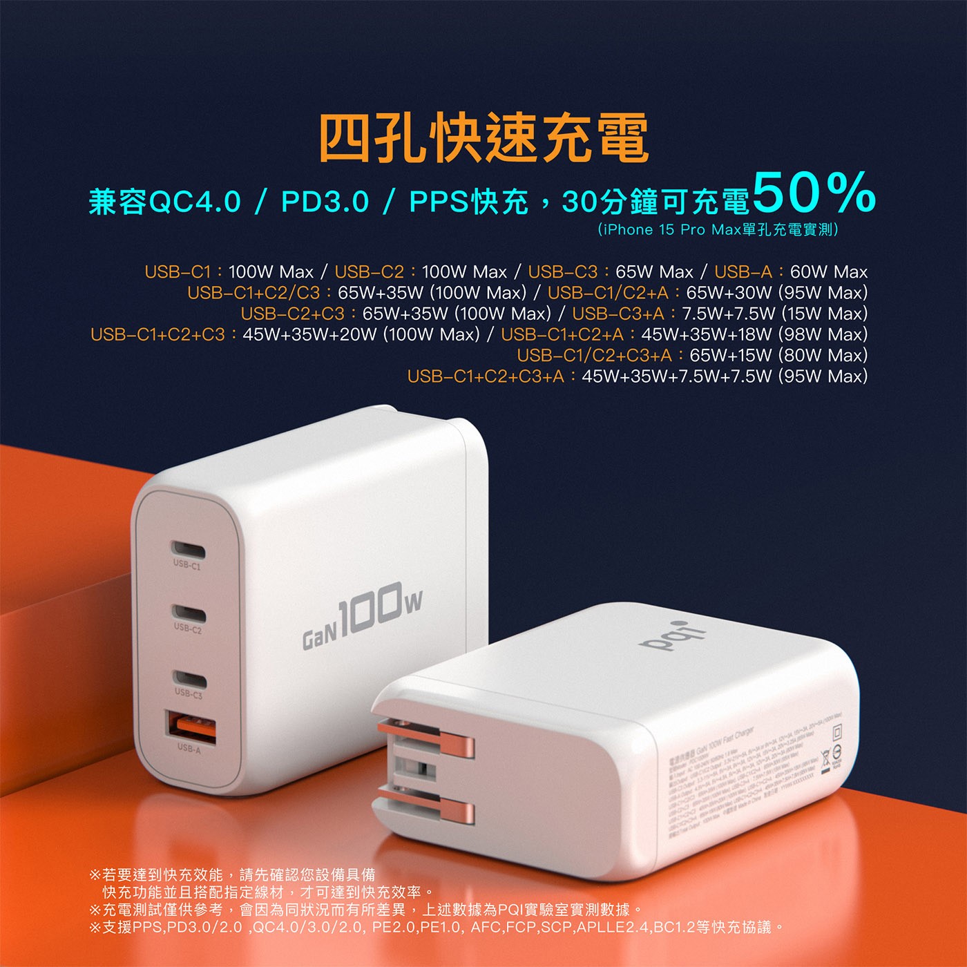 PQI PD GaN 100W 高速充電器 PDC100WV，採用目前行動產品最先進的 GaN 電源供應方案，4 埠 GaN 充電器滿足同時為多個設備同時充電的需求。支援多種快充協議，適用筆記型電腦、平板電腦、智慧手機等設備。USB-C支援 PPS 快充，透過動態調整輸出電壓及電流來提高充電效率並降低溫度，延長電池壽命。智慧偵測根據連接的裝置自動調整每個連接埠的電源輸出。
