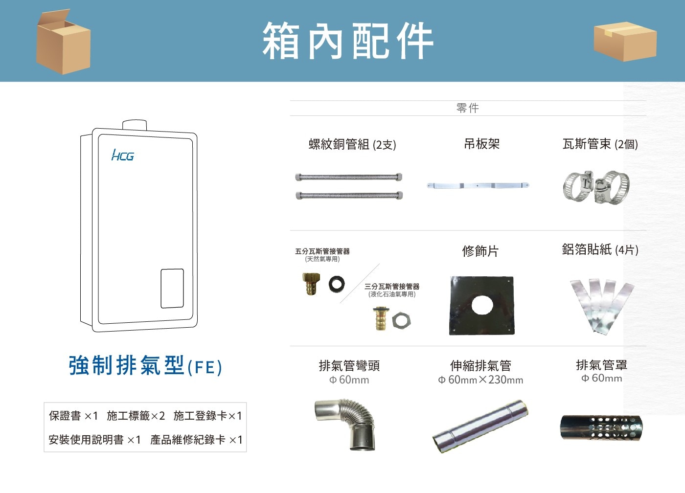 箱內配件 零件 螺紋銅管組 2支 吊板架 瓦斯管束2個 HCG 五分...排氣管罩 60mm 60mm×230mm 保證書x1 施工標籤×2 施工登錄卡x1 安裝使用說明書x1 產品維修紀錄卡x1