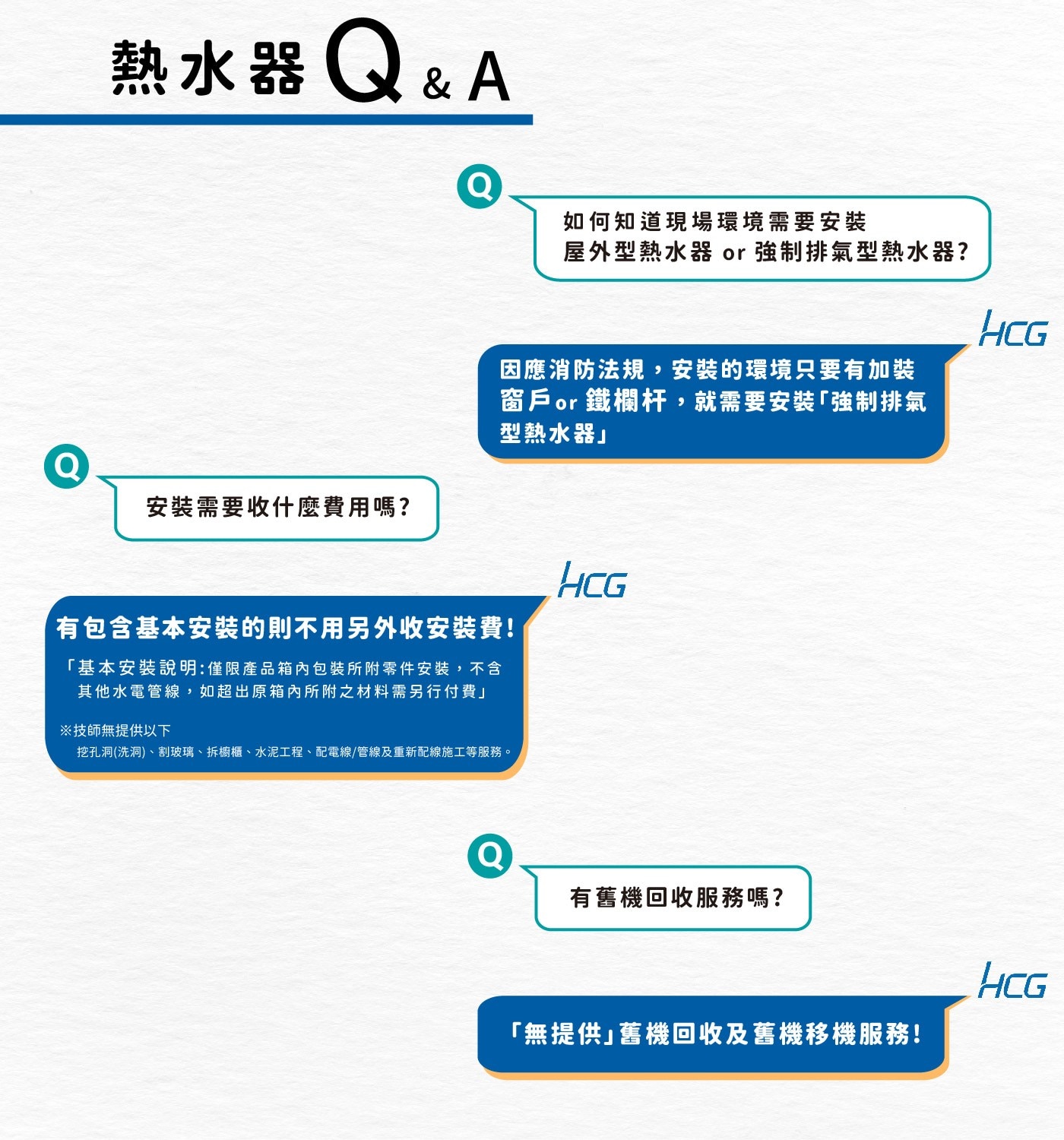 熱水器QA 如何知道現場環境需要安裝 屋外型熱水器 or強制排氣型熱...挖孔洞洗洞、割玻璃、拆櫥櫃、水泥工程、配電線/管線及重新配線施工等服務。 有舊機回收服務嗎? 「無提供」舊機回收及舊機移機服務!