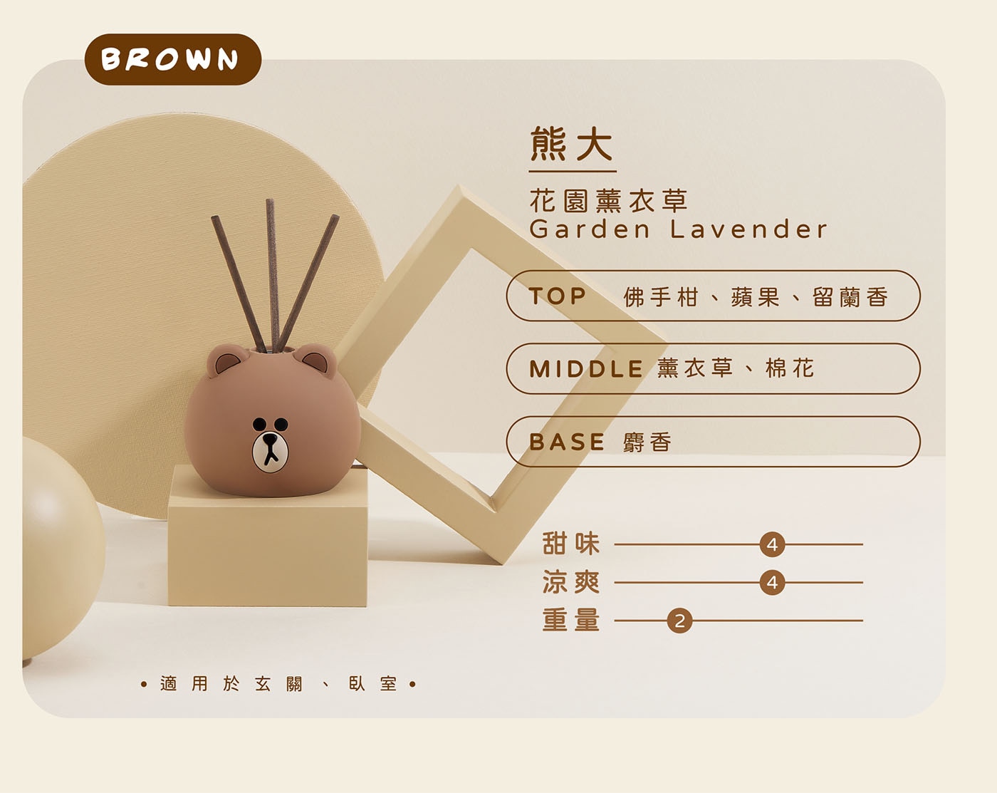 Cocodor LINE FRIENDS 造型系列擴香瓶，推出超萌的「熊大與好朋友們」系列香氛，4款可愛造型擴香，為角色量身打造的可愛香氣。