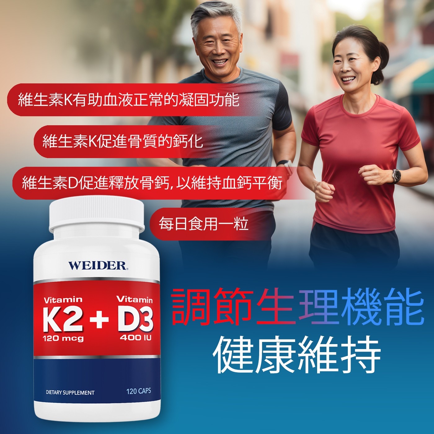 維生素K有助血液正常的凝固功能 維生素K促進骨質的鈣化 維生素D促進釋放骨鈣,以維持血鈣平衡 每日食用1粒 調節生理機能 健康維持