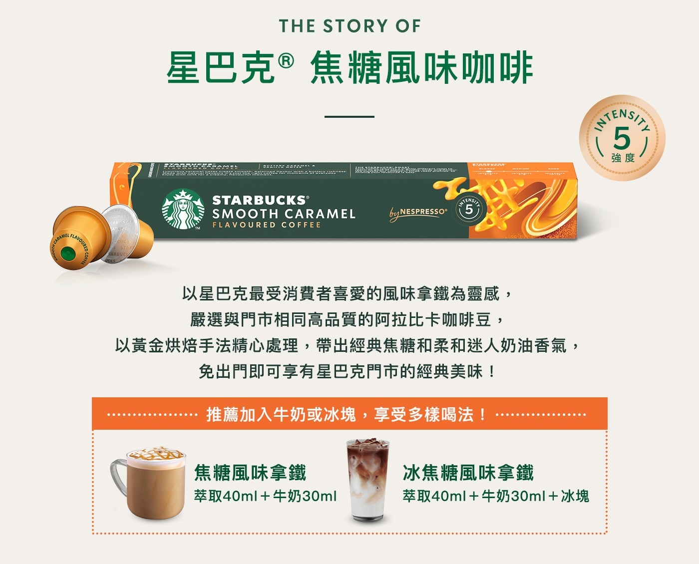 CARAMEL THE STORY OF 星巴克®焦糖風味咖啡 EX...冰焦糖風味拿鐵 焦糖風味拿鐵 萃取40ml+牛奶30ml 萃取40ml+牛奶30ml+冰塊 INTENSITY 5 強度