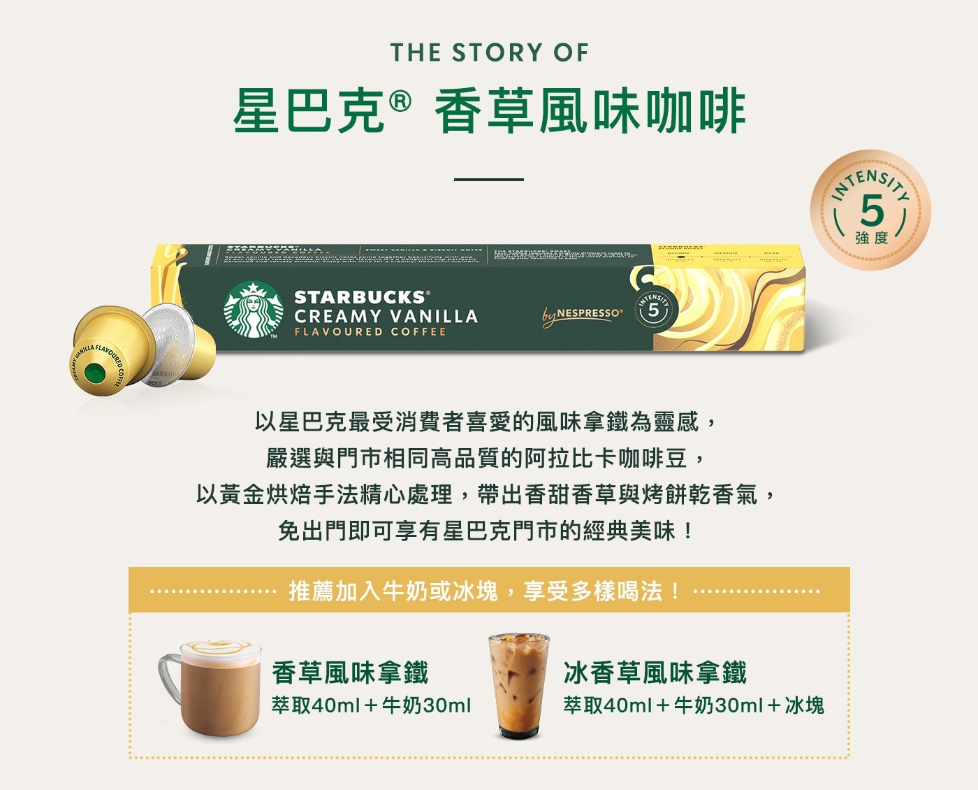 Y VANILLA AFLAVOURED THE STORY OF...香草風味拿鐵 冰香草風味拿鐵 萃取40ml+牛奶30ml 萃取40ml+牛奶30ml+冰塊 INTENSITY 強度