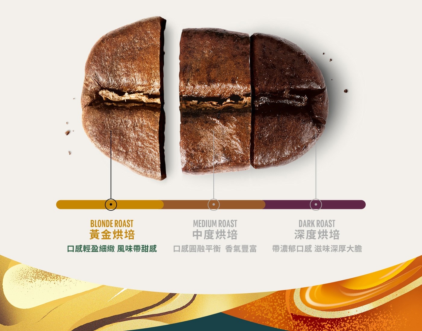 BLONDE ROAST 黃金烘培 口感輕盈細緻 風味帶甜感 MEDIUM 中度烘培 口感圓融平衡 香氣豐富 DARK 深度烘培 帶濃郁口感 滋味深厚大膽