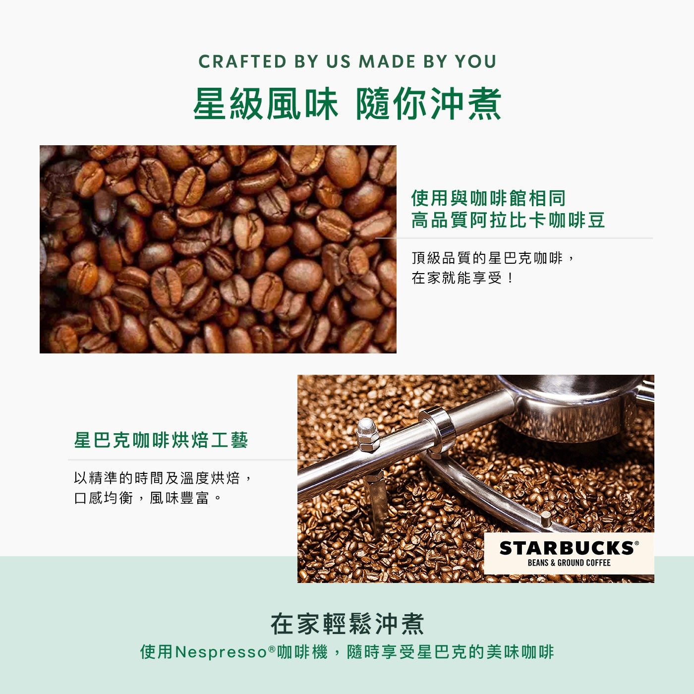 CRAFTED BY US MADE YOU 星級風味 隨你沖煮 星...BEANS GROUND COFFEE 在家輕鬆沖煮 使用Nespresso®咖啡機,隨時享受星巴克的美味咖啡