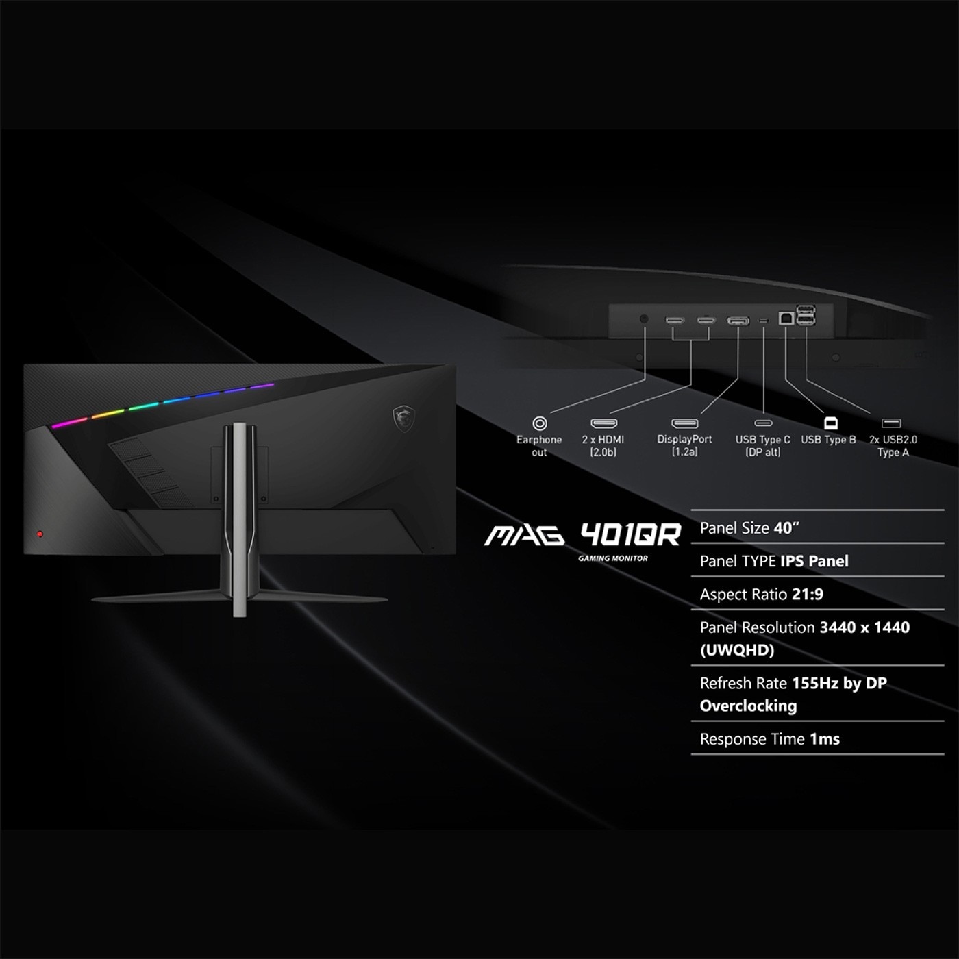 MSI 40吋 平面電競螢幕 MAG 401QR寬廣視野很重要MSI MAG 401QR電競顯示器，擁有3440 x1440解析度與21:9縱橫比，可額外提供POV提升玩家遊戲體驗與感受3A遊戲大作的視覺饗宴。
