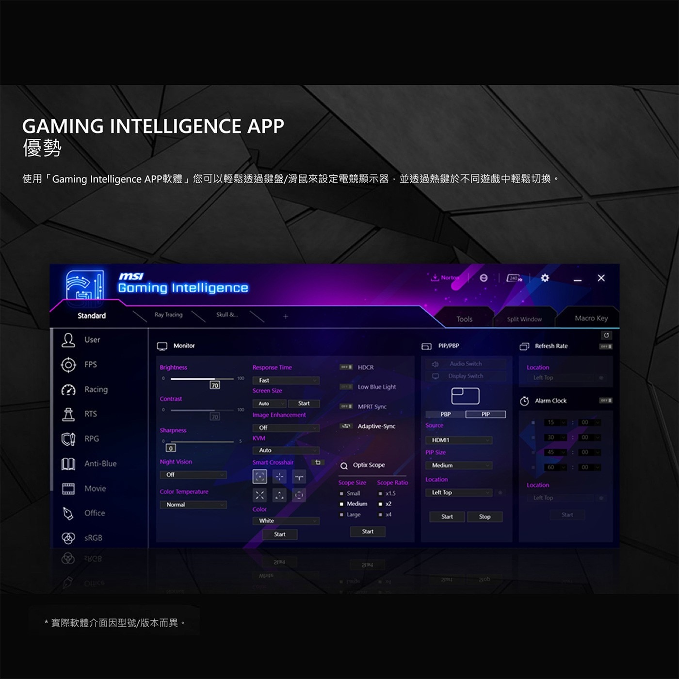 MSI 40吋 平面電競螢幕 MAG 401QR G.I.智能電競功能(Gaming Intelligence)使用「Gaming Intelligence APP」您可以輕鬆透過鍵盤/滑鼠來設定電競顯示器，並透過熱鍵於不同遊戲之間輕鬆切換配置。* 實際軟體介面和功能規格將因軟體版本與顯示器型號而異。