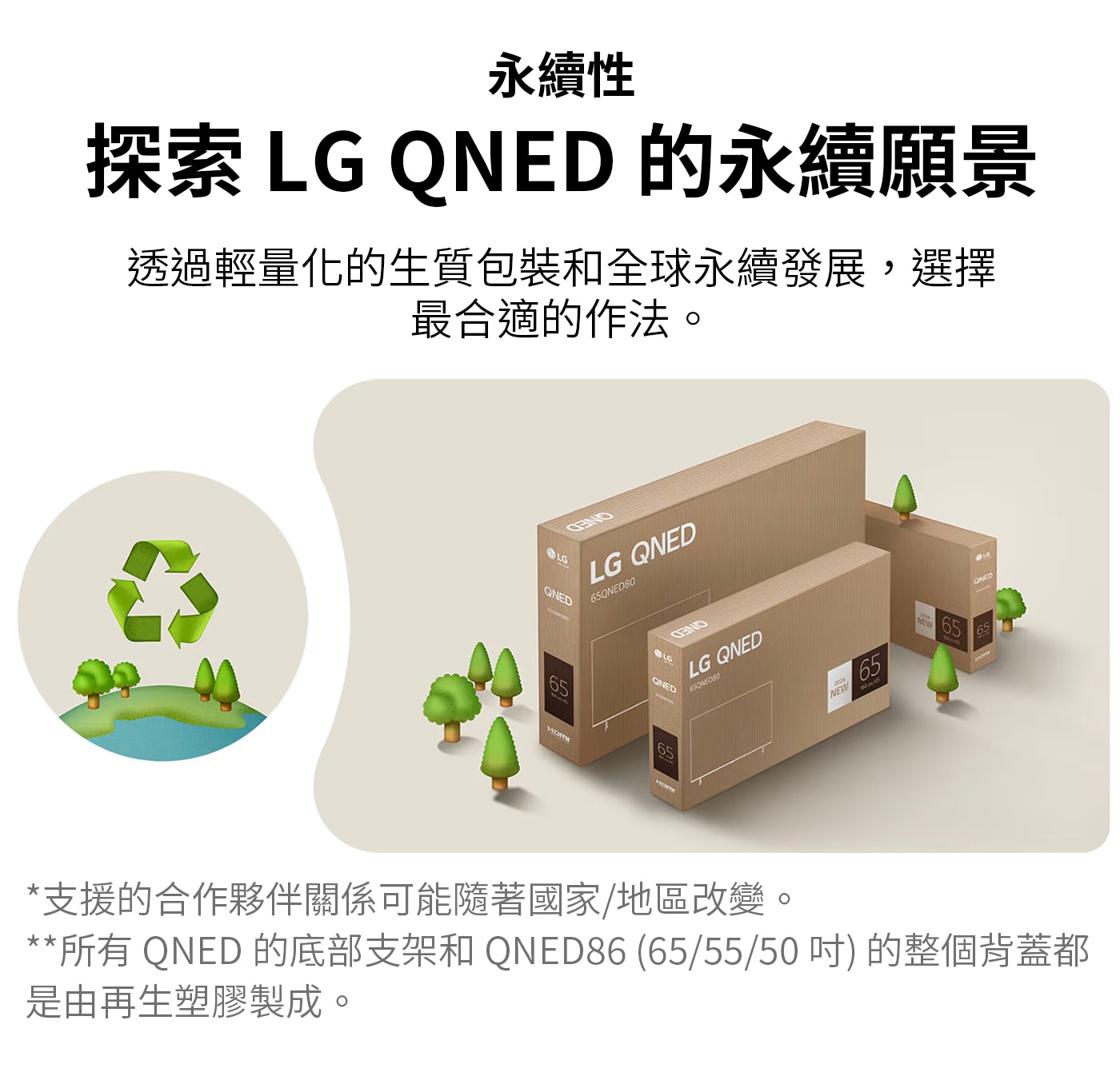 LG 50型 QNED 量子點 4K AI 物聯網顯示器 55QNED80TTA，永續性，探索LG QNED的永續願景，透過輕量化的生質包裝和全球永續發展，選擇最適合的做法