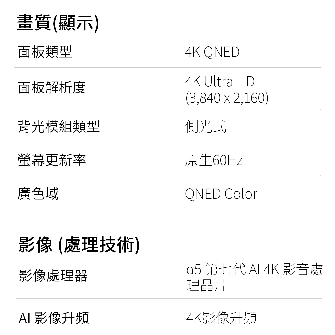LG 50型 QNED 量子點 4K AI 物聯網顯示器 55QNED80TTA，面板類型:4K QNED，螢幕更新率:原生60Hz，影像處理器:第七代AI 4K影音處理晶片
