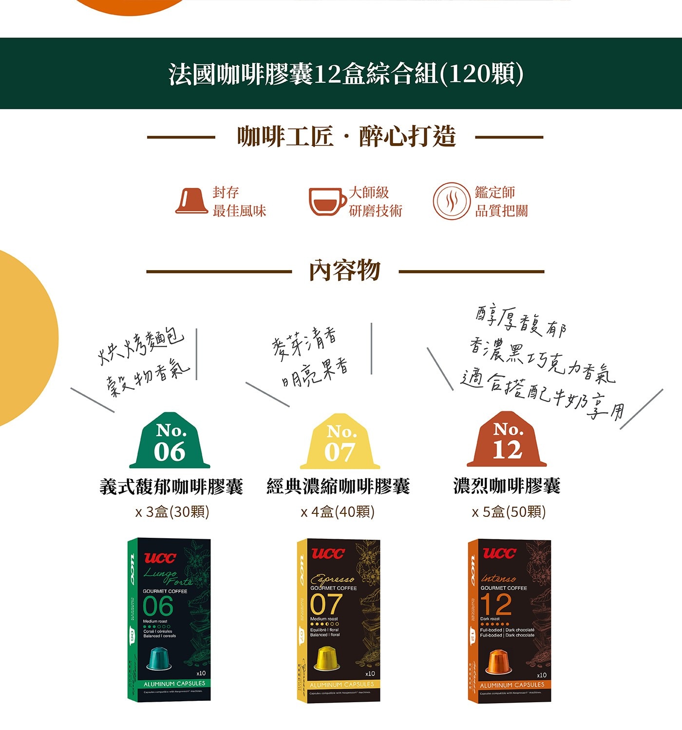 UCC 120顆咖啡膠囊組 內含3種風味 適用 Nespresso 咖啡機，6號義式馥郁咖啡膠囊30顆，7號經典濃縮咖啡膠囊40顆，中度烘培，12號濃烈咖啡膠囊50顆，深度烘培。