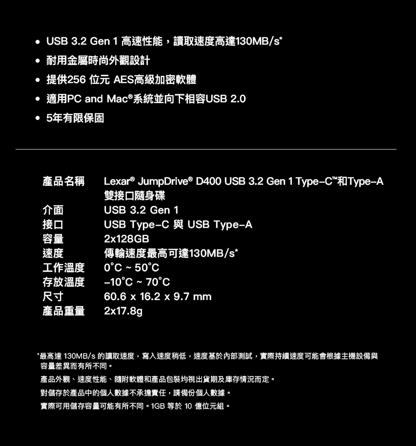 Lexar® JumpDrive® D400 USB 3.2 Gen 1 Type-C™和Type-A雙接口隨身碟 2入組