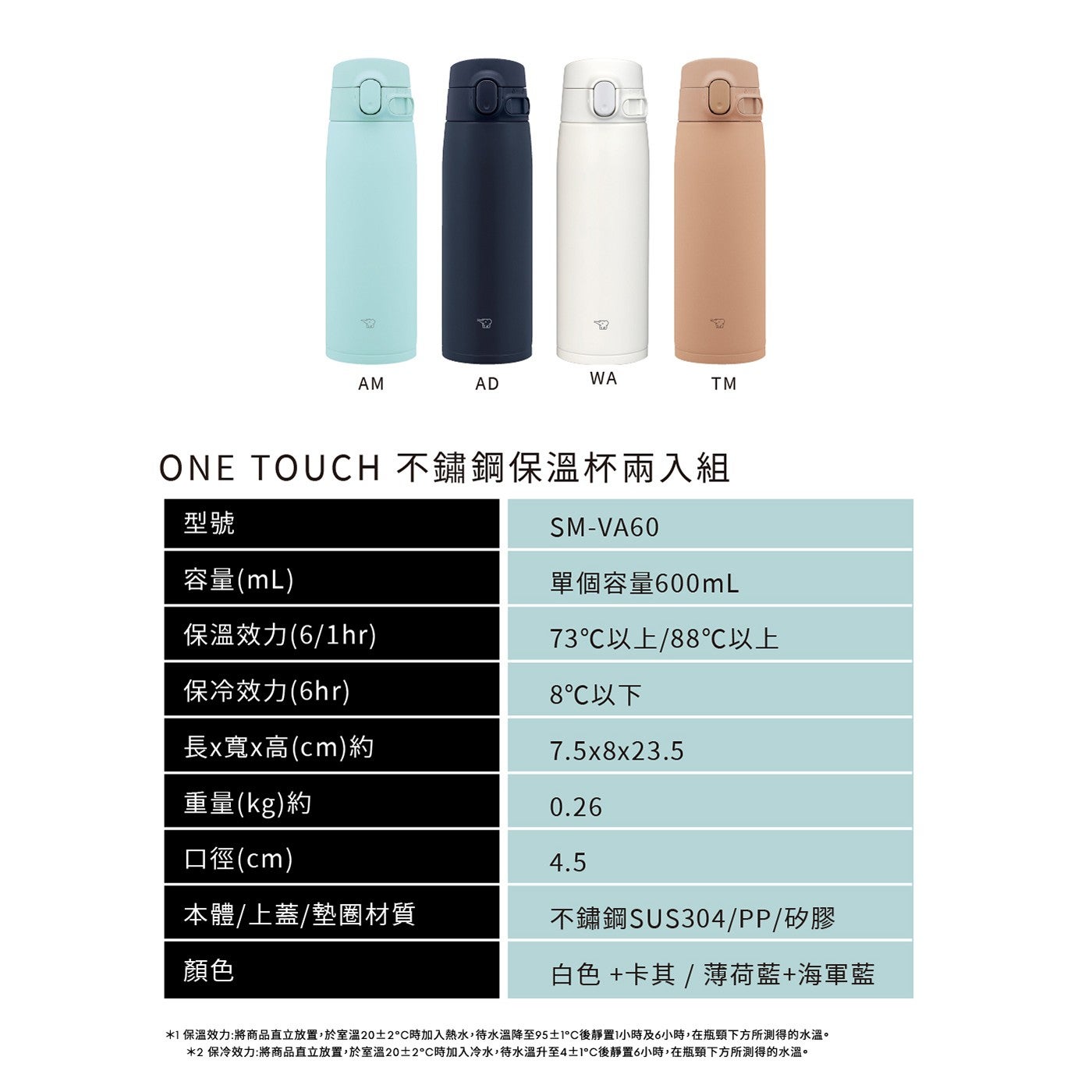 AM AD WA TM ONE TOUCH 不鏽鋼保溫杯兩入組 型號 容量mL 單個容量600mL 保溫效力6/1hr 保冷效力6hr 長x寬x高cm約 73°C以上/88°C以上 8°C以下...