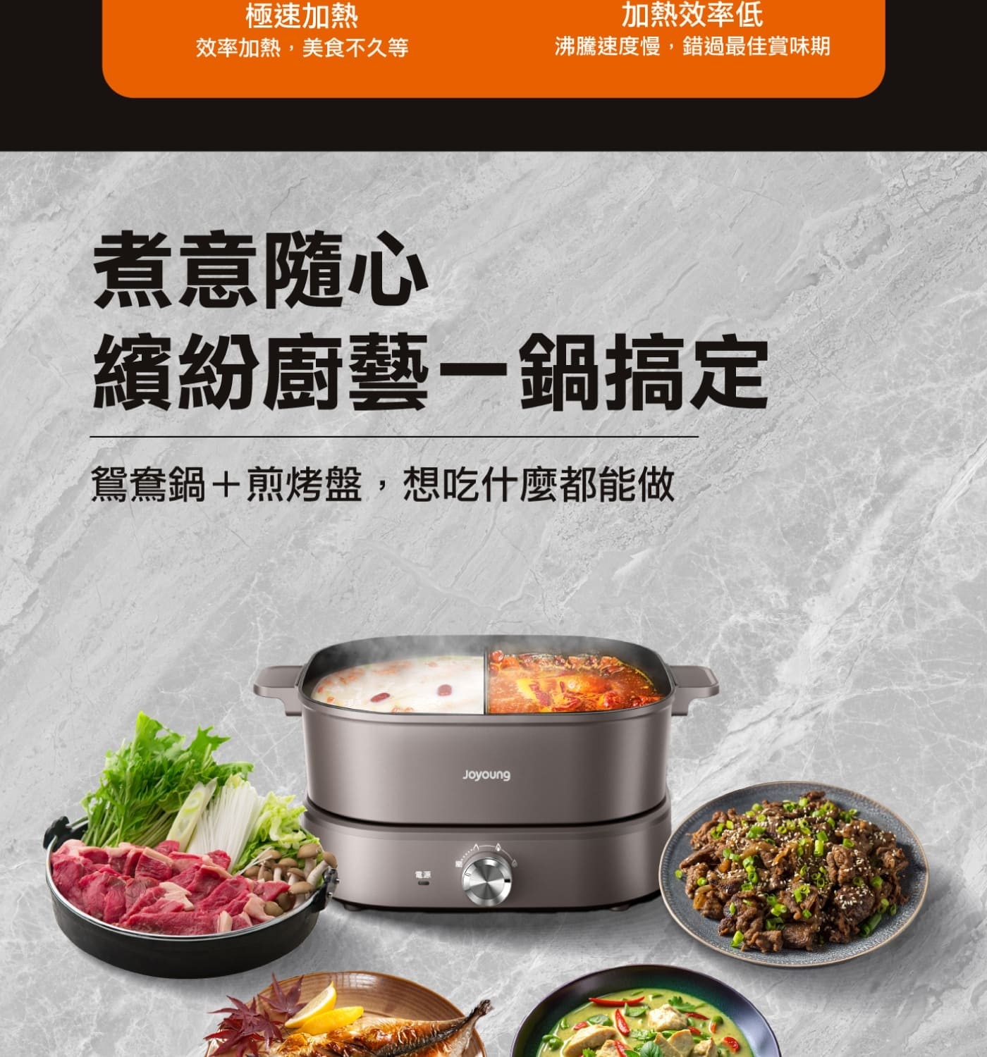 九陽 多功能鴛鴦電火鍋 M95，涮、煮、煎、燉，一鍋完成，雙溫度感應器，精確溫控，雙環加熱元件，30秒快速加熱，20分鐘快速煮沸。
