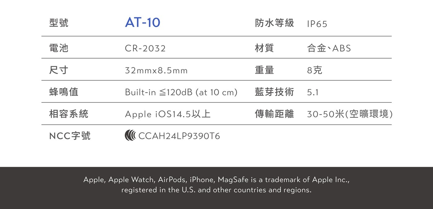 型號 AT-10 防水等級 電池 尺寸 材質 合金ABS 重量 8克 蜂鳴值 cm 藍芽技術 相容系統 Apple iOS14.