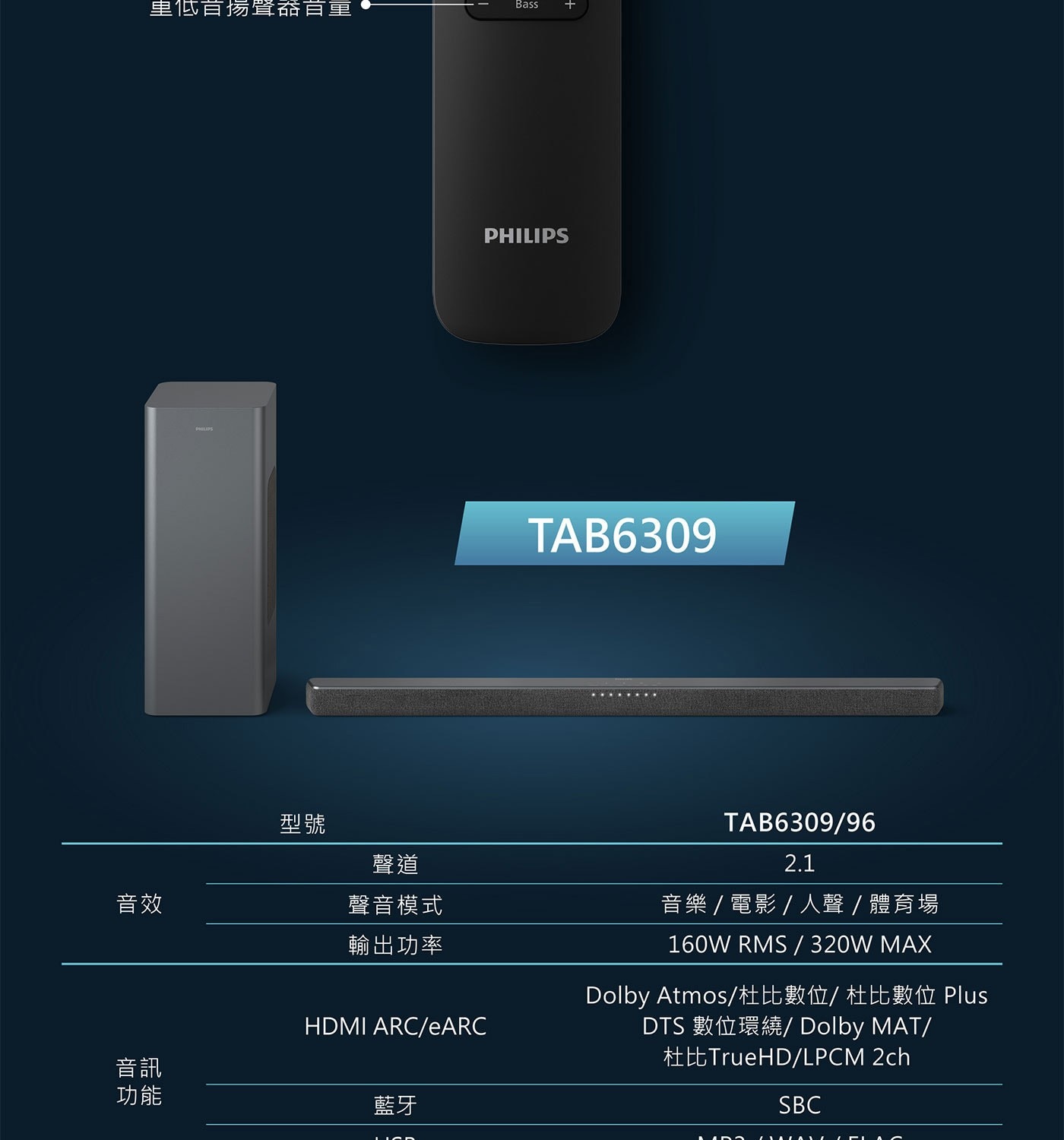 飛利浦 2.1 聲道 無線重低音杜比全景聲Soundbar 聲霸 TAB6309/96