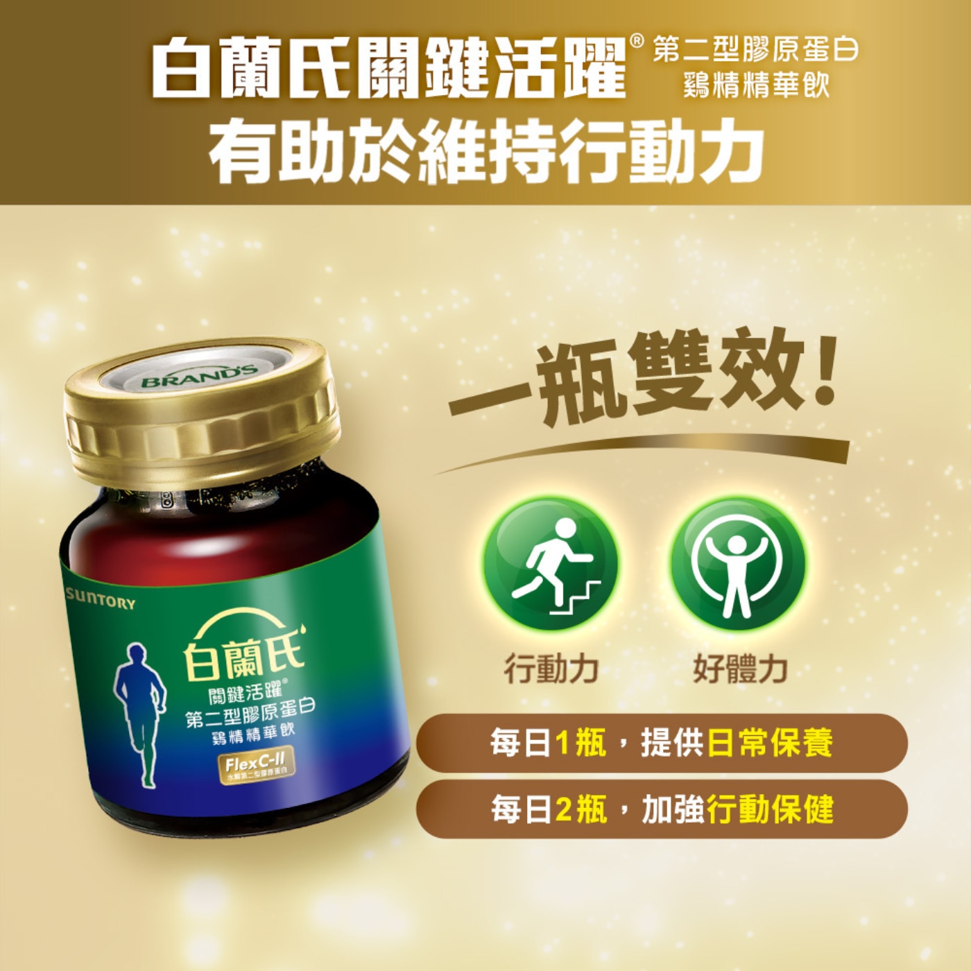 白蘭氏 關鍵活躍 第二型膠原蛋白 雞精精華飲，獨家FlexC-II (水解第二型膠原蛋白)成分,萃取 自優良鶏軟骨,水解分子小、好吸收,有助於維持靈活行動力,並 含軟骨素、玻尿酸,為每日行動提供源源不絕的關鍵營養。