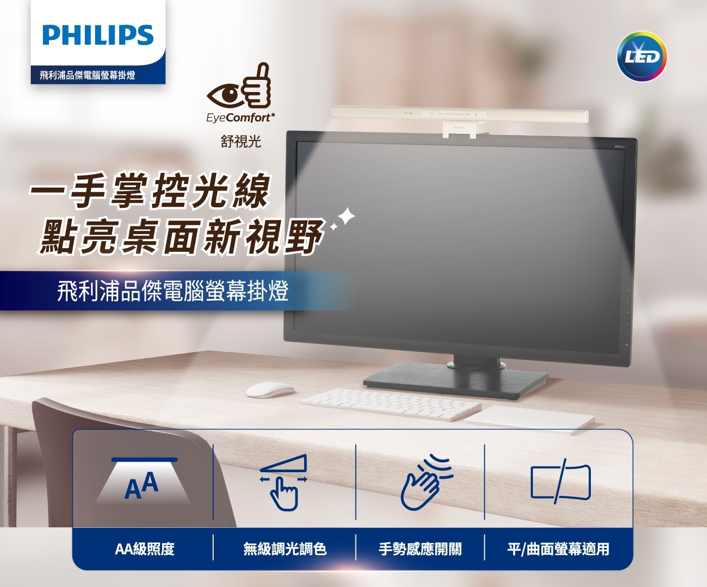 飛利浦 品傑 LED 螢幕掛燈平/曲面螢幕可夾