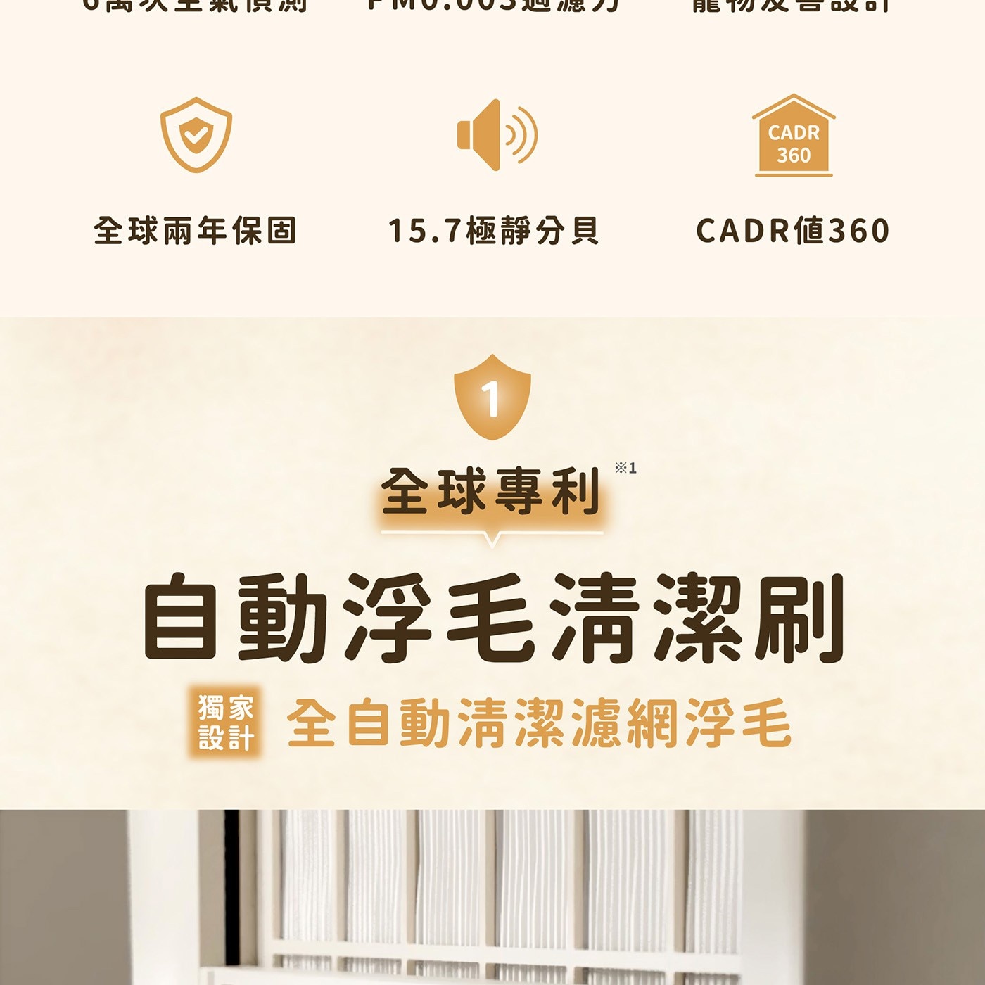 飛利浦 寵物抗敏空氣清淨機 AC3681,全球專利自動浮毛清潔刷,獨家設計,全自動清潔濾網浮毛