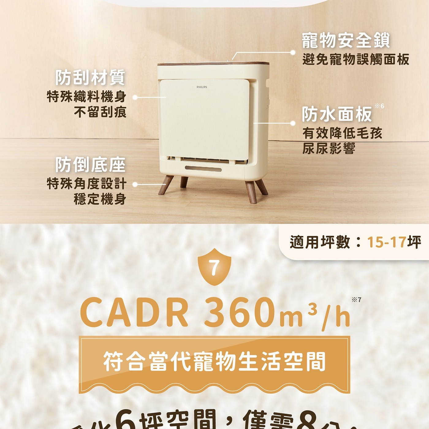 飛利浦 寵物抗敏空氣清淨機 AC3681,寵物安全鎖,防刮材質,特殊織料機身不留刮痕,防水面板有效降低毛孩尿尿影響,防倒底座,特殊角度設計穩定機身