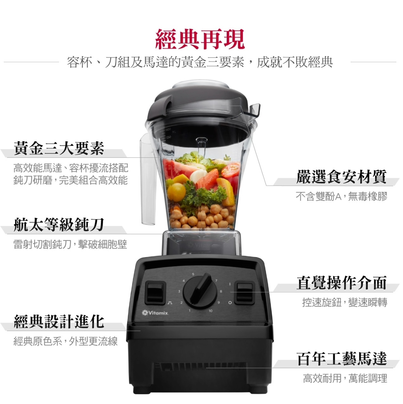 Vitamix 全營養調理機含隨行杯 E310，簡易操作介面，10段變速及瞬速功能，全新低寬型1.4公升容杯、加大航太雷射不銹鋼鈍刀，獨特3D渦流設計，360°全方位循環攪拌。隨行杯，個人杯密封防漏、可攜可打600毫升容量。