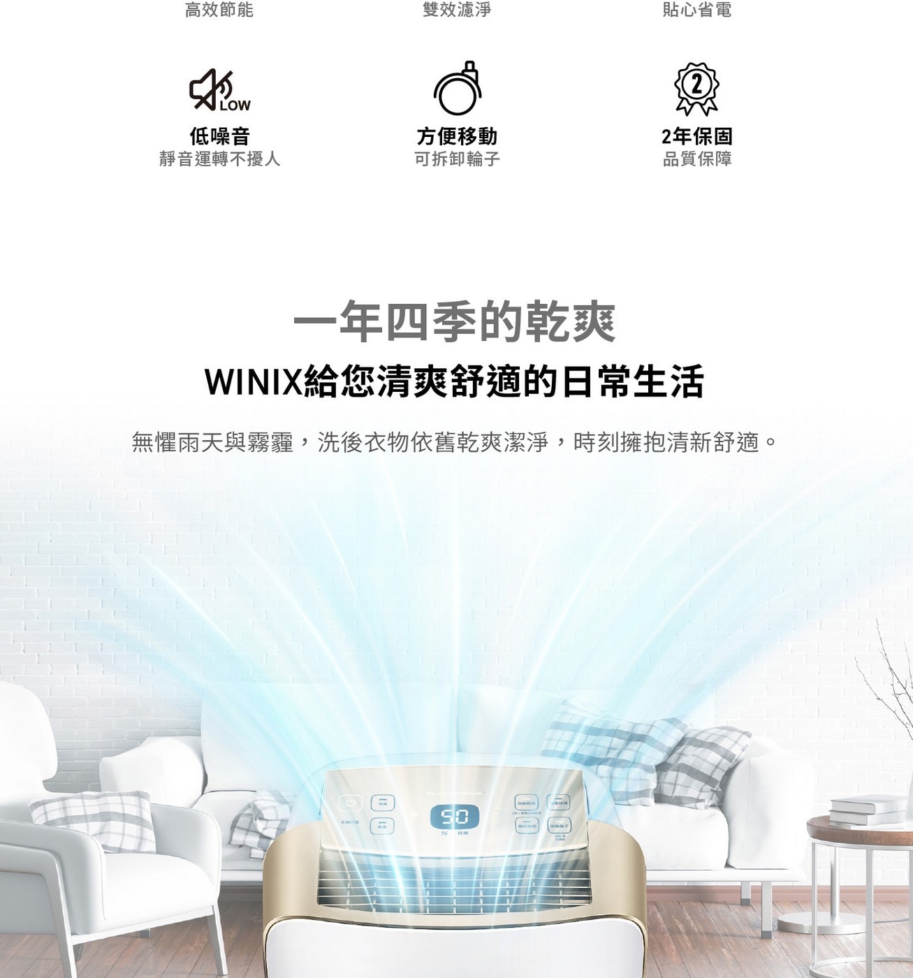 Winix 清淨除濕機 ND17L，除溼功能: 一級能源效率，額定消耗功率: 270W，日除溼力達17公升/ 日，適用坪數21坪，4.5公升水箱，清淨、除溼雙效合一。