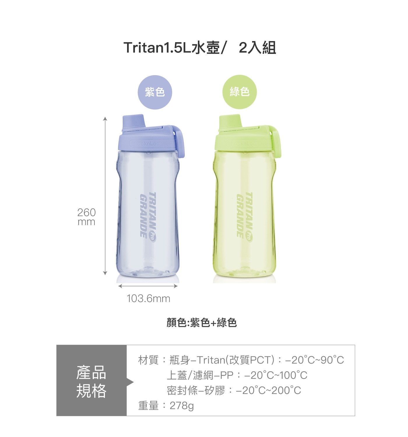 樂扣樂扣 Tritan 冷水壺 1.5公升 X 2件組 紫+綠 產品規格