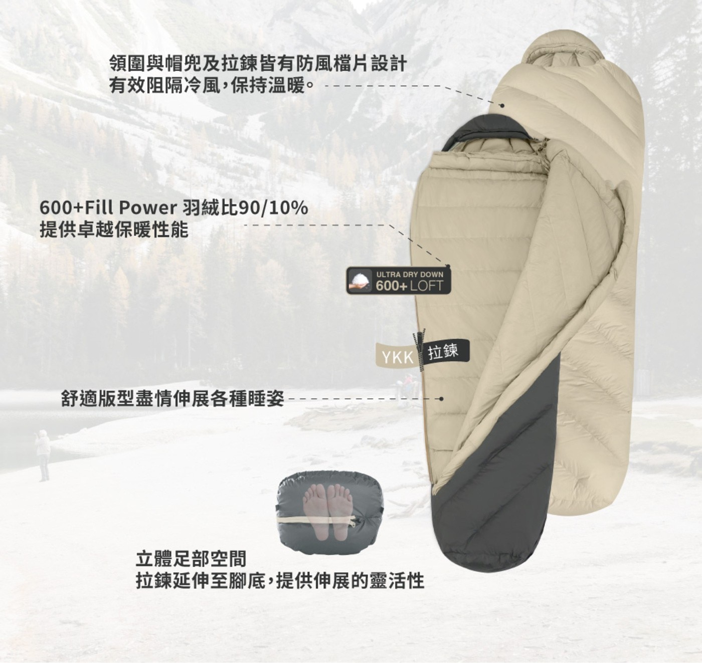 OutdoorBase 600FP 成人羽絨睡袋 渡鴉 氣壓式升降桌上桌