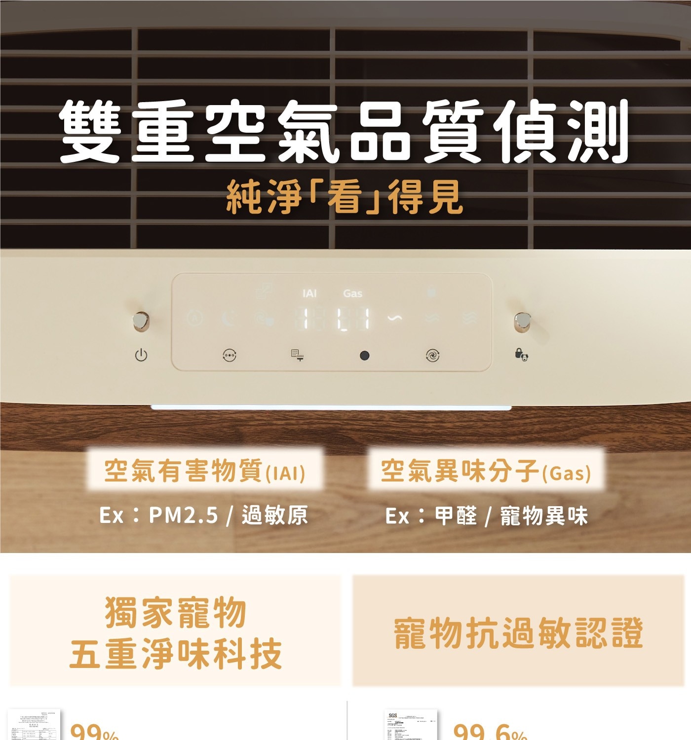 雙重空氣品質偵測 純淨「看」得見 IAI Gas 空氣有害物質IAI 空氣異味分子Gas 過敏原 Ex:甲醛 寵物異味 獨家寵物 寵物抗過敏認證 五重淨味科技 SGS