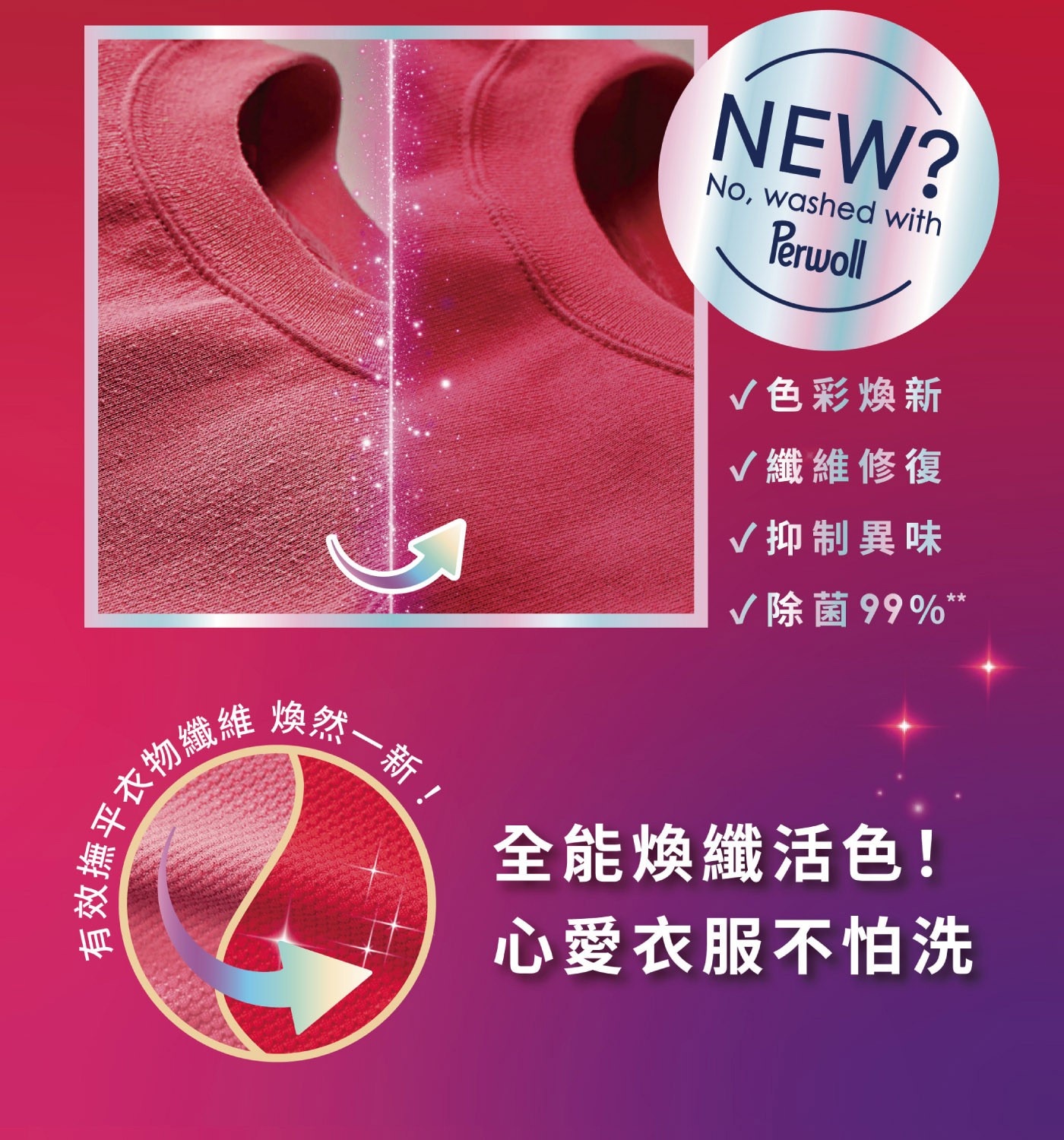 Perwoll 衣漾新生洗衣凝露 2公升，針對精緻衣物設計配方，延長衣物6倍壽命，幫助恢復衣物原有色彩光澤，撫平粗糙及扭曲的受損纖維。