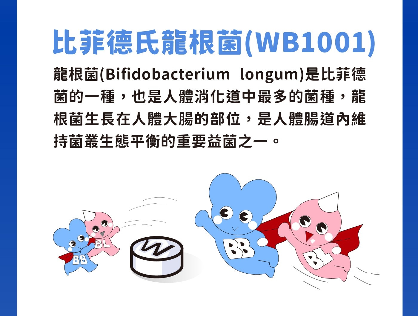 比菲德氏龍根菌WB1001龍根菌Bifidobacteriumlongum是比菲德菌的一種,也是人體消化道中最多的菌種,龍根菌生長在人體大腸的部位,是人體腸道內維持菌叢生態平衡的重要益菌之一。BLWB