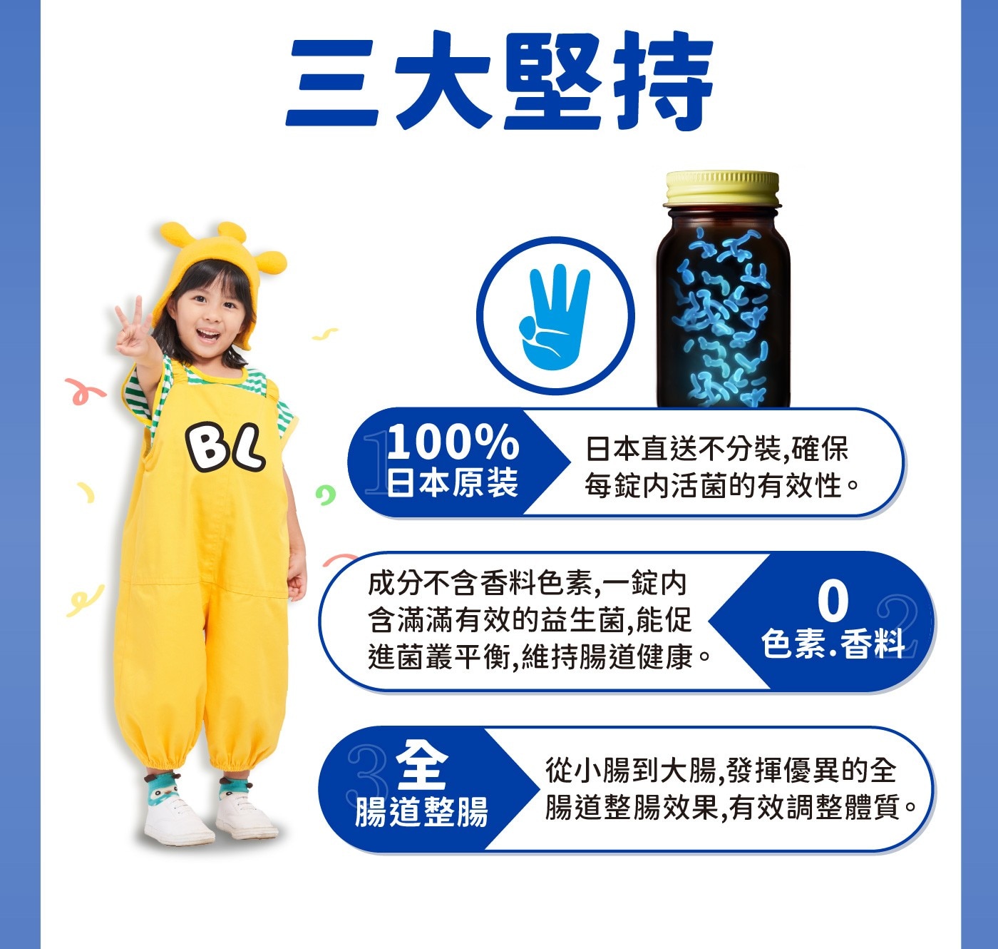 三大堅持BC100日本原装日本直送不分裝,確保每錠内活菌的有效性。成分不含香料色素,一錠内含滿滿有效的益生菌,能促進菌叢平衡,維持腸道健康。2全腸道整腸0色素.香料從小腸到大腸,發揮優異的全腸道整腸效