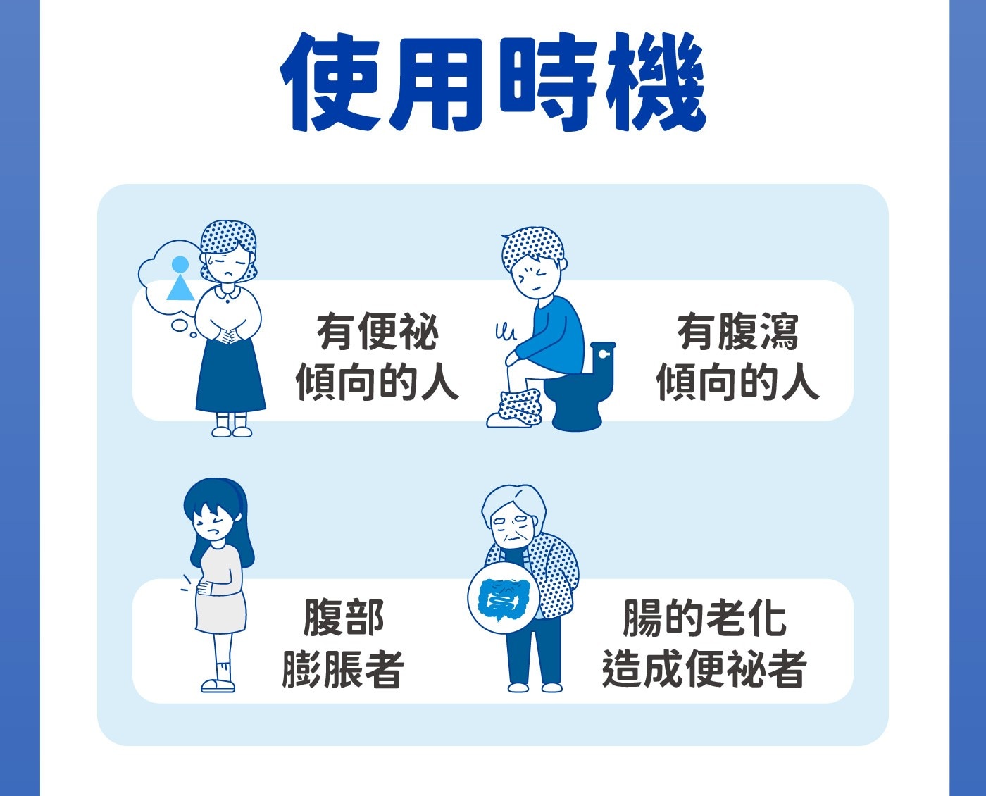 有便祕傾向的人 有腹瀉傾向的人 腹部膨脹者 腸的老化造成便祕者