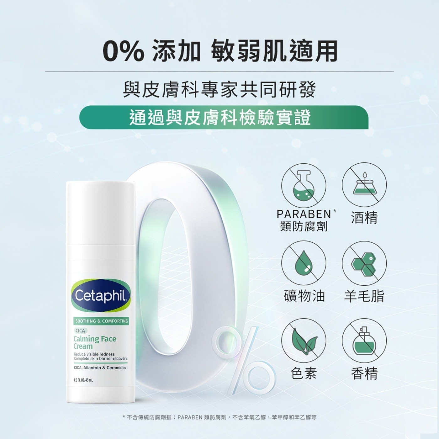 0% 添加 敏弱肌適用 與皮膚科專家共同研發 通過與皮膚科檢驗實證