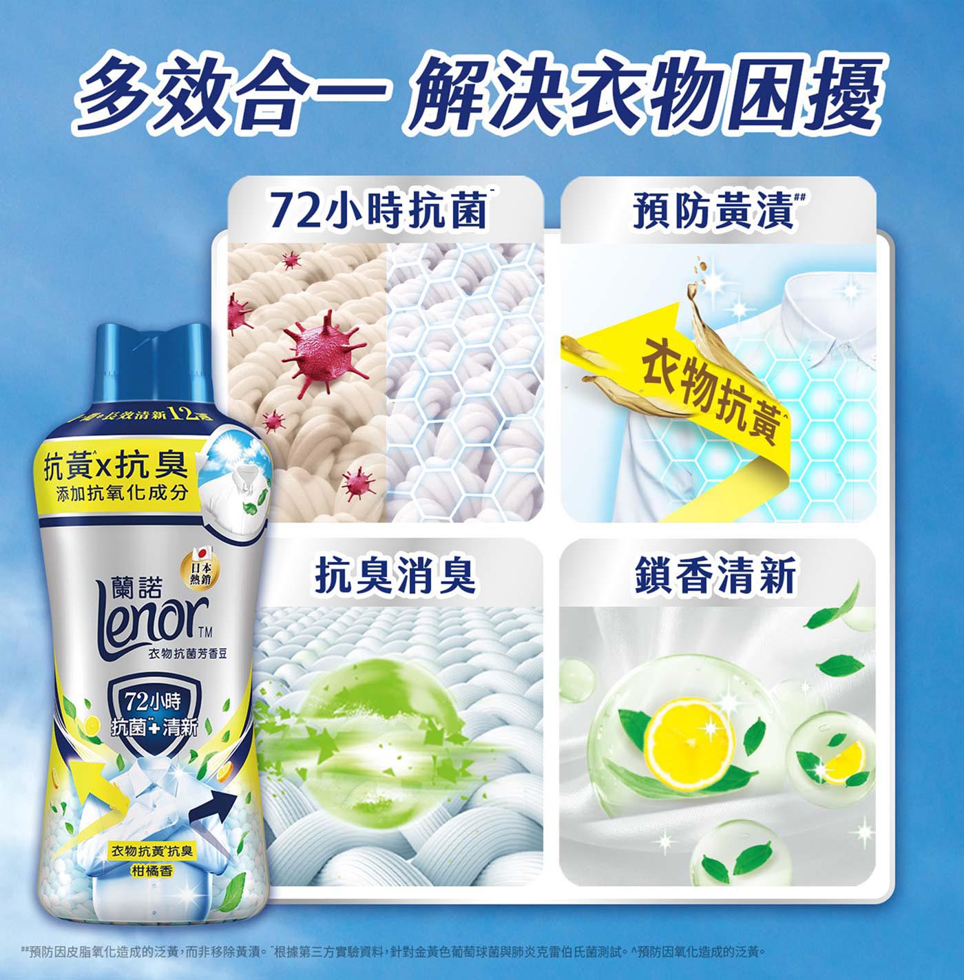 蘭諾 衣物抗黃抗菌芳香豆 柑橘香 1900毫升，清新柑橘香，抗氧化成分預防衣物泛黃，抗菌、對抗衣物悶臭，無添加柔軟精、漂白劑。