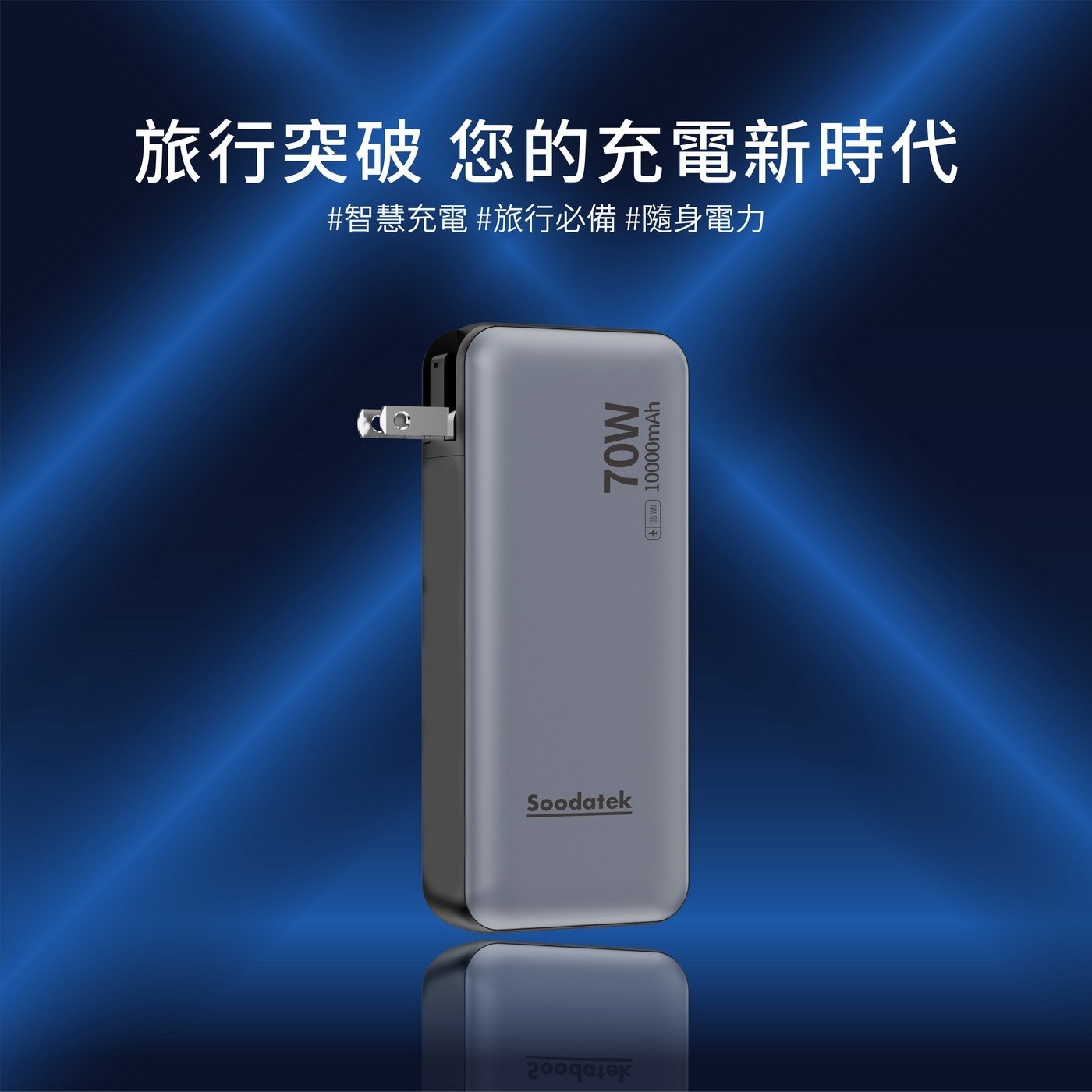Soodatek 二合一旅充式10000mah 行動電源 (帶AC插頭)，雙模智慧充電旅充行動電源，70W雙USB-C快充充電器，10000mAh 30W快充行動電源，輕巧方便、功能強大，安心耐用21700鋰離子電芯。