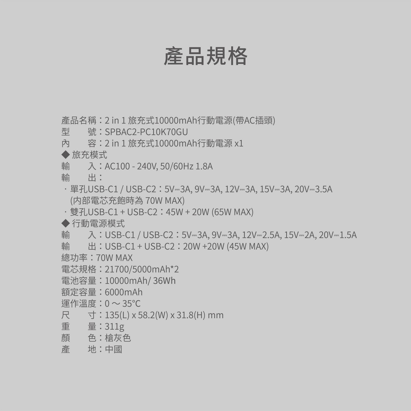 Soodatek 二合一旅充式10000mah 行動電源 (帶AC插頭)，雙模智慧充電旅充行動電源，70W雙USB-C快充充電器，10000mAh 30W快充行動電源，輕巧方便、功能強大，安心耐用21700鋰離子電芯。