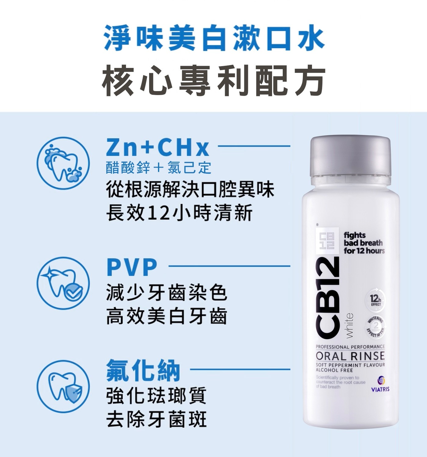CB12 White淨味美白漱口水 250毫升 X 6入，歐洲獨家專利配方，兩周內幫助減少牙漬，預防口腔異味，淨白牙齒，幫助保持口氣清新。