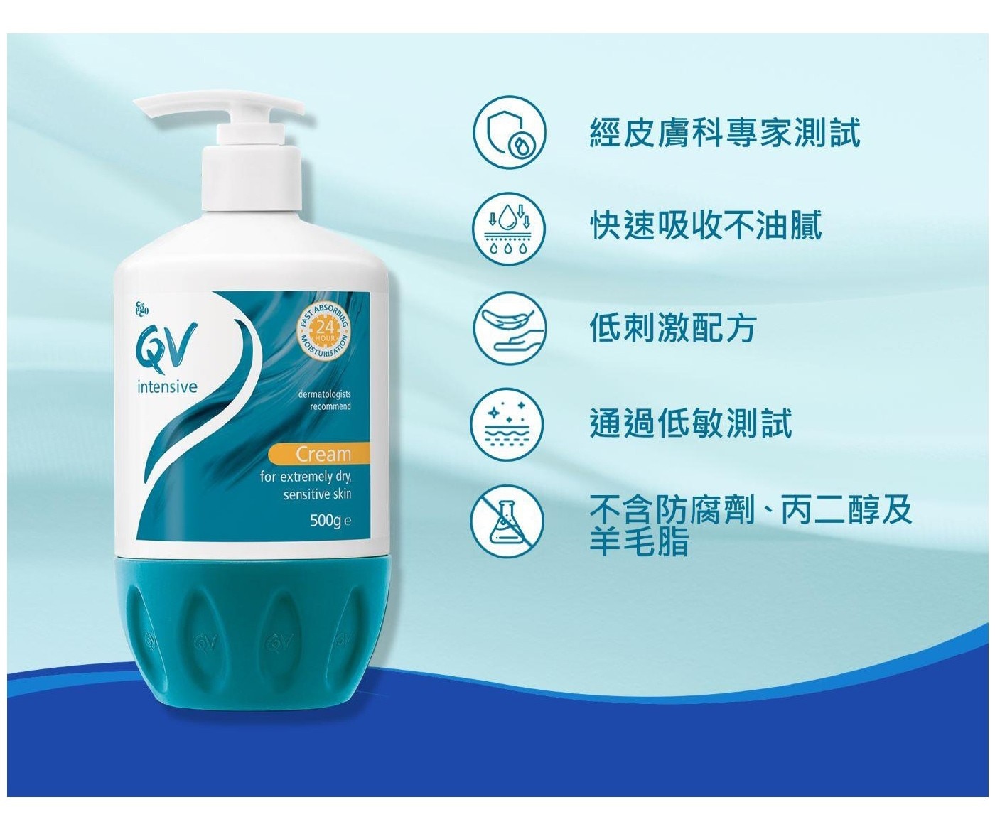 QV重度修護精華乳霜 500公克 X 1入，重度修護的豐盈乳霜蘊含三重潤澤鎖水配方，維持肌膚24小時保濕，同時強化皮膚保護屏障，減少肌膚水分流失。