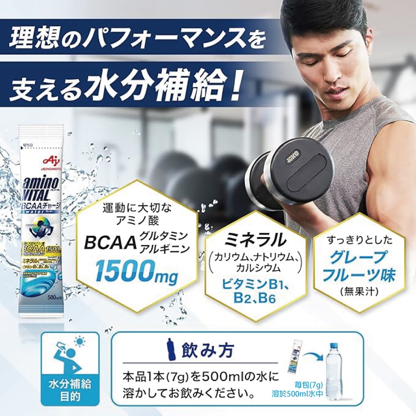 aminoVITAL 胺基酸水分補給粉末 沖泡用 7公克 X 28包，這是一款可溶於水飲用的運動飲料型補給品，含有1500mg對運動很重要的胺基酸（BCAA+精胺酸+麩醯胺酸），運動時飲用也能感覺到清爽的葡萄柚風味。